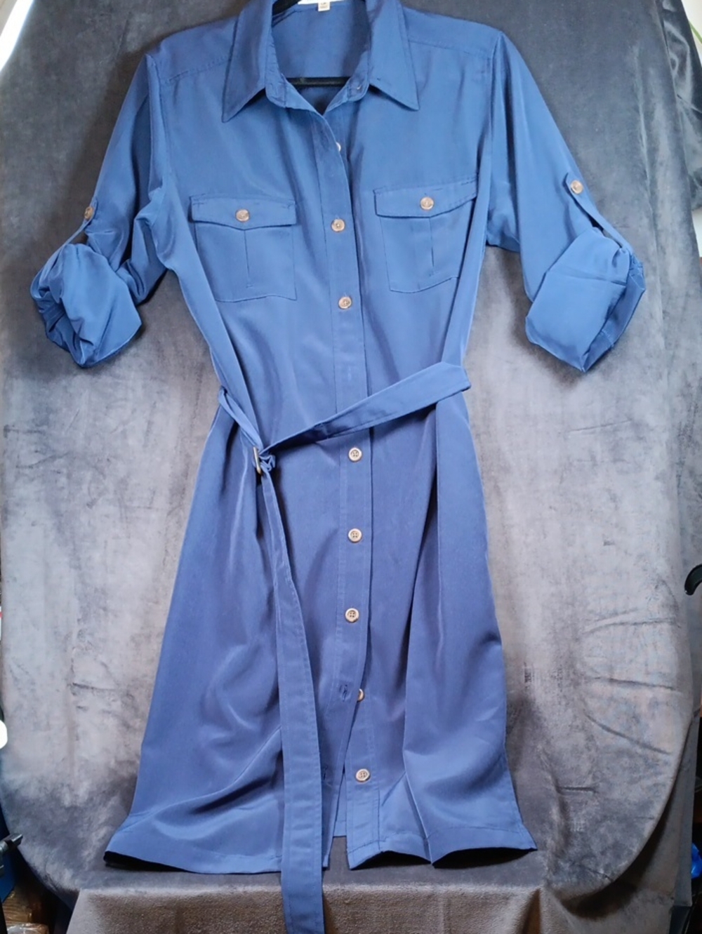 TravelSmith Blue Button-Front Midi Shirt Dress with Belt